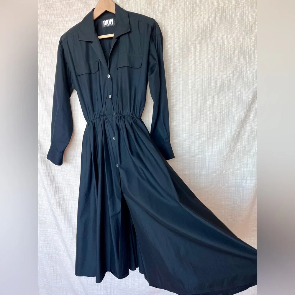 Vintage DKNY Shirt Dress Cotton Poplin Pockets Shirtwaist Dress Minimalist Rare - Picture 3 of 14